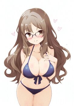 1girl adversarial_noise arm_behind_back bare_arms bare_shoulders bikini blue_bikini blush breasts brown_eyes brown_hair cleavage closed_mouth collarbone front-tie_bikini_top front-tie_top futaba_rio glasses hand_on_own_chest heart highres hitorilily large_breasts leaning_forward long_hair looking_at_viewer navel seishun_buta_yarou simple_background smile solo stomach swimsuit thigh_gap thighs wavy_hair white_background wide_hips