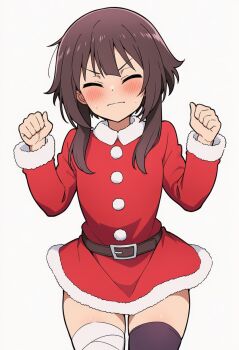 1girl bandaged_leg bandages blush clenched_hands closed_eyes dress highres jumping kono_subarashii_sekai_ni_shukufuku_wo! megumin meguminimalist pout santa_costume santa_dress thighhighs white_background