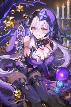 1girl absurdres black_gloves black_pantyhose black_swan_(honkai:_star_rail) blue_flower blush book breasts caelus_(honkai:_star_rail) cake_cat_(honkai:_star_rail) candle candlestand cleavage commentary_request dan_heng_(honkai:_star_rail) detached_sleeves dreamcatcher flower gloves hair_between_eyes hand_up highres holding honkai:_star_rail honkai_(series) korean_commentary large_breasts libo_(724ml) long_hair march_7th_(honkai:_star_rail) orb pantyhose pom-pom_(honkai:_star_rail) purple_hair purple_hood purple_sleeves sitting sleeveless solo stelle_(honkai:_star_rail) sunday_(honkai:_star_rail) trailblazer_(honkai:_star_rail) trailblazer_(trash_cake)_(honkai:_star_rail) very_long_hair welt_yang yellow_eyes
