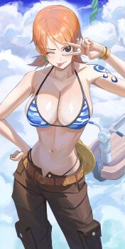 1girl 2025 ;p absurdres belt bikini bikini_under_clothes blue_bikini blue_sky bracelet breasts brown_belt brown_eyes brown_pants camouflage camouflage_bikini cleavage cloud day female_focus hand_on_own_hip highres jewelry large_breasts log_pose looking_at_viewer nami_(one_piece) nami_(one_piece)_(skypiea) navel official_alternate_costume one_eye_closed one_piece orange_hair pants rasipan short_hair shoulder_tattoo sky skypiea solo swimsuit tattoo tongue tongue_out v v_over_eye wet