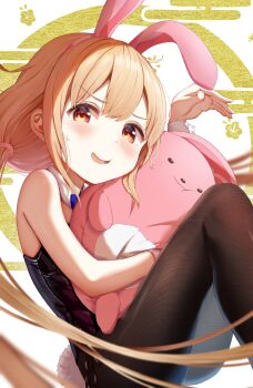 1girl absurdres animal_ears bare_shoulders black_leotard blonde_hair commentary_request fake_animal_ears flat_chest futaba_anzu highres idolmaster idolmaster_cinderella_girls leotard long_hair looking_at_viewer low_twintails orange_eyes pantyhose playboy_bunny rabbit_ears smile solo stuffed_animal stuffed_rabbit stuffed_toy twintails yugao_(kam_pom37)