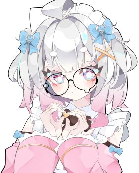 1girl :&lt; absurdres ahoge alternate_hair_color berrychan00 bow colored_tips commentary densetsu.exe detached_sleeves english_commentary grey_hair hair_bow hair_ornament heart heart_hands highres long_sleeves looking_at_viewer maid_headdress medium_hair mint_fantome mint_fantome_(minto_2.0) multicolored_hair pink_hair round_eyewear simple_background solo teardrop-framed_glasses upper_body virtual_youtuber white_background x_hair_ornament