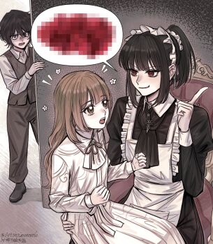 1boy 2girls aged_down apron arianaleonardo around_corner ascot awestruck black_dress black_hair black_neckerchief black_shoes brooch brown_eyes brown_hair brown_pants brown_vest catherine_(project_moon) censored chair clenched_hands closed_mouth collared_dress collared_shirt commentary dark-skinned_male dark_skin dress flower hair_between_eyes heathcliff_(project_moon) highres horrified jewelry limbus_company long_hair long_sleeves looking_at_another maid maid_apron maid_headdress mosaic_censoring multiple_girls neckerchief notice_lines on_chair on_lap open_mouth pants peeking_out ponytail project_moon purple_eyes red_eyes ryoshu_(project_moon) shaded_face shirt shoes short_hair short_ponytail sidelocks smile speech_bubble symbol-only_commentary vest white_apron white_ascot white_dress white_shirt wuthering_heights_(identity)_(project_moon)