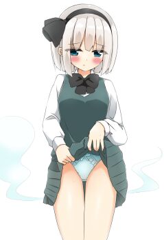 Rule 34 | 1girl, black bow, black bowtie, black hairband, blue panties, blush, bow, bowtie, clothes lift, cowboy shot, green eyes, green skirt, green vest, grey hair, hairband, highres, hitodama, konpaku youmu, konpaku youmu (ghost), lifting own clothes, long sleeves, panties, pleated skirt, shirt, shishiky, skirt, skirt set, solo, touhou, underwear, vest, white shirt