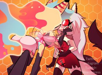 2girls animal_ears ass beelzebub_(helluva_boss) blush breasts collar colored_sclera demon_girl extra_arms fox_ears fox_girl furry furry_female furry_with_furry grey_fur hellaverse helluva_boss highres kiss long_hair loona_(helluva_boss) medium_breasts multicolored_hair multicolored_tail multiple_girls nedeeress red_sclera small_breasts spiked_collar spikes tail white_eyes white_fur wings wolf_ears wolf_girl wolf_tail yuri