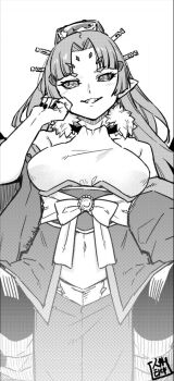 1girl arachne arthropod_girl arthropod_limbs bare_shoulders breasts commentary_request extra_eyes fangs fingernails fur_collar greyscale grin hand_up insect_girl japanese_clothes jingai_modoki kimono large_breasts long_hair mon-musu_quest! monochrome monster_girl navel pointy_ears seal_impression simple_background smile solo spider_girl spider_princess_(mon-musu_quest!) taur teeth very_long_hair white_background