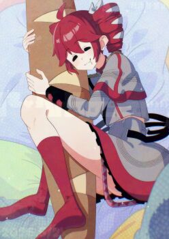 1girl absurdres ahoge ass_peek baguette bow bread buttons closed_eyes double-breasted double-parted_bangs drill_hair drooling fin_gocco food grey_jacket grey_skirt hair_between_eyes hair_bow highres hugging_object jacket kasane_teto kasane_teto_(sv) layered_skirt long_sleeves red_hair red_socks red_trim shoulder_belt shoulder_boards sidelocks skirt socks synthesizer_v twin_drills utau white_bow
