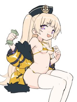 +_+ 1girl anchor_symbol azur_lane bache_(azur_lane) banknote bikini black_hat blonde_hair breasts coupon_(skyth) fang fur-trimmed_jacket fur_trim gold_bikini hat holding holding_money jacket loli long_hair long_sleeves looking_to_the_side micro_bikini money off_shoulder open_clothes open_jacket open_mouth purple_eyes simple_background sitting skindentation solo swimsuit thighhighs very_long_hair white_background yellow_jacket