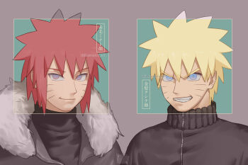 2boys alternate_eye_color alternate_hair_color alternate_hairstyle bad_id bad_pixiv_id blonde_hair blue_eyes facial_mark file-mei forehead_protector grin highres long_hair male_focus multiple_boys naruto:_road_to_ninja naruto_(classic) naruto_(series) naruto_shippuuden ninja purple_eyes red_hair short_hair smile spiked_hair uzumaki_menma uzumaki_naruto whisker_markings