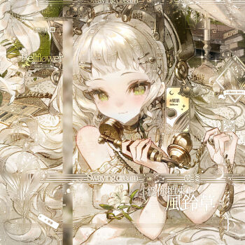 :3 antique_phone beret blunt_bangs brown_theme closed_mouth clothing_cutout commission eyelashes fingernails flower green_eyes hair_ornament hairpin hat highres holding holding_phone indoors lily_(flower) lily_of_the_valley long_hair looking_at_viewer makeup mihuashi_commission monochrome original paper phone puffy_short_sleeves puffy_sleeves rouge_(makeup) short_sleeves shoulder_cutout smile spot_color square tengyuan_keke too_many_watermarks watermark white_flower