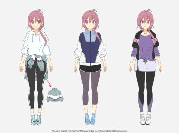 Rule 34 | 1girl, antenna hair, aqua shoes, artist request, black jacket, black pants, blue jacket, blue shoes, brown pants, closed mouth, clothes around waist, copyright notice, full body, hair between eyes, highres, hood, hoodie, izumino koyume, jacket, jacket around waist, low side ponytail, multicolored jacket, multiple views, official art, open clothes, open jacket, pants, pink eyes, pink hair, pink jacket, purple shirt, reference sheet, shine post, shirt, shoes, sleeves rolled up, translation request, white hoodie, white jacket, white shoes