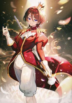 Rule 34 | 1boy, ascot, blue eyes, brown hair, commentary request, crown, epaulettes, feet out of frame, gloves, hair between eyes, hand up, highres, holding, holding scepter, jacket, juliet sleeves, king of prism, light particles, long sleeves, looking at viewer, male focus, norizuki jin, pants, pretty rhythm, pretty series, puffy sleeves, red jacket, scepter, short hair, smile, solo, spotlight, tawan (46okuneeen), white ascot, white gloves, white pants