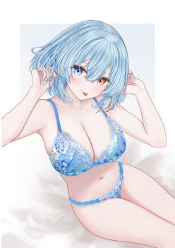 1girl :p alternate_costume blue_bra blue_eyes blue_hair blue_panties blush bra breasts cleavage commentary floral_print heterochromia highres large_breasts looking_at_viewer medium_hair navel panties print_bra red_eyes sarasadou_dan sitting solo stomach tatara_kogasa tongue tongue_out touhou underwear