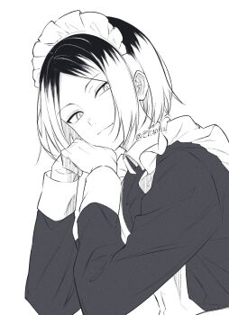 1boy alternate_costume apron chun_lz closed_mouth commentary_request crossdressing crossdressing_(mtf) enmaided frilled_apron frills haikyuu!! hair_behind_ear highres kozume_kenma looking_to_the_side maid maid_headdress male_focus male_maid multicolored_hair parted_bangs roots_(hair) short_hair sideways_glance simple_background sleeve_cuffs solo upper_body white_background