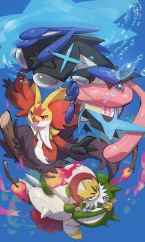 absurdres broom broom_riding bubble chesnaught commentary delphox fang fire full_body gen_6_pokemon greninja grey_eyes highres holding holding_polearm holding_weapon looking_at_viewer mega_chesnaught mega_delphox mega_evolution mega_greninja mega_pokemon nintendo no_humans nullma pokemon pokemon_(creature) polearm red_eyes scarf shuriken tongue tongue_out upside-down weapon