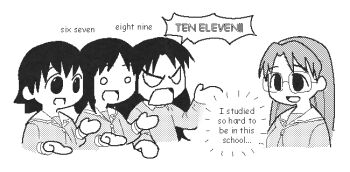 Rule 34 | 4girls, 67 (meme), azumanga daiou, cropped torso, denkirk, english text, glasses, greyscale, kasuga ayumu, long hair, long sleeves, looking at another, medium hair, meme, mizuhara koyomi, monochrome, multiple girls, o o, open mouth, takino tomo, tanizaki yukari, upper body, white background