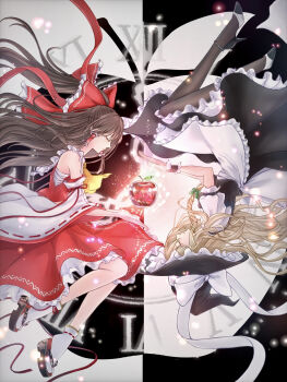 2girls akane_(a_reddam) apple apron ascot back_bow bad_apple!! bare_shoulders black_background black_pantyhose black_skirt black_slippers black_vest blonde_hair boots bow braid brown_hair closed_eyes commentary_request detached_sleeves dial fetal_position floral_print_footwear food frilled_apron frilled_bow frilled_hair_tubes frilled_wrist_cuffs frills from_side fruit glowing green_bow hair_bow hair_tubes hakurei_reimu hat hat_bow high_heel_boots high_heels highres kirisame_marisa knees light_particles long_hair multiple_girls nontraditional_miko pantyhose petticoat profile puffy_short_sleeves puffy_sleeves red_bow red_ribbon red_shirt red_skirt ribbon sarashi shirt short_sleeves single_braid skirt slippers socks tabi touhou two-tone_background vest white_background white_bow white_shirt white_socks witch_hat wrist_cuffs yellow_ascot yin_yang