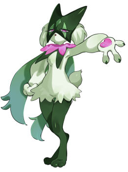 body_fur furry green_fur highres meowscarada nintendo nozawa_yukiko pawpads pink_eyes pokemon pokemon_(creature) pokemon_sv short_tail standing tail