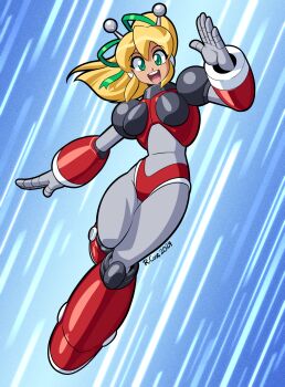 1girl :d aged_up android antennae armor armored_boots arms_up bikini bikini_armor blonde_hair blue_background blue_eyes blurry blurry_background bodysuit boots breasts commentary covered_navel earphones english_commentary full_body green_eyes green_ribbon hair_ribbon hairband happy headphones highres hyper_roll_(marvel_vs._capcom) joints knee_boots knee_pads large_breasts long_hair looking_at_viewer marvel_vs._capcom mechanical_arms mechanical_boots mechanical_legs mega_man_(classic) mega_man_(series) navel open_mouth ponytail radio_antenna red_armor red_bikini ribbon robert_j_case robot robot_girl robot_joints roll_(mega_man) shoulder_armor sidelocks signature simple_background smile solo swimsuit teeth upper_teeth_only white_background