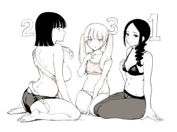3girls ass bad_source barefoot black_hair blonde_hair blush bra breasts cleavage drill_hair from_behind hand_on_own_chest kubikiri_(kubikiri) large_breasts limited_palette long_hair looking_at_viewer looking_to_the_side medium_hair multiple_girls navel original panties pantyhose parted_lips ranking sagging_breasts seiza simple_background sitting small_breasts strap_gap topless_female training_bra twintails underwear underwear_only wariza yokozuwari