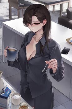 1girl black_eyes black_shirt black_shorts breasts brown_hair cellphone cleavage coffee_mug collarbone collared_shirt commentary_request cup drink_carton granulated_sugar highres holding holding_cup holding_spoon large_breasts long_hair milk_carton mug original pajamas phone sabotensuteeki shirt shorts smartphone solo spoon