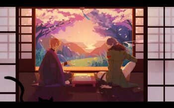 Rule 34 | 2boys, :d, architecture, arisugawa dice, bird, black border, black cat, black hakama, black shirt, blue hair, border, brown hair, cat, chabudai, cherry blossoms, closed eyes, coat, commentary, east asian architecture, facing another, falling petals, from behind, full body, fur-trimmed coat, fur trim, grass, green coat, hair between eyes, hair over eyes, hakama, hand up, hanten (clothes), highres, hypnosis mic, indian style, indoors, jacket, jacket on shoulders, japanese clothes, kimono, letterboxed, long hair, long sleeves, lou xiaotiao, male focus, mountain, multiple boys, on floor, open door, open hand, open mouth, pants, paper, petals, plant, porch, profile, rock, shirt, short hair, shouji, sitting, sliding doors, smile, smoke, sunset, symbol-only commentary, table, thigh strap, tree, white kimono, white pants, wind chime, wooden floor, yumeno gentaro