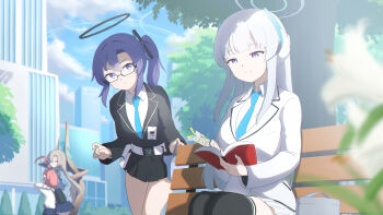 4girls adapted_costume aged_down ahoge alternate_hairstyle asuna_(blue_archive) belt bespectacled black-framed_eyewear black_halo black_skirt black_thighhighs blonde_hair blue_archive blue_halo blue_necktie blunt_bangs blurry blurry_background book bookmark breasts closed_mouth collared_shirt commentary_request cowboy_shot day depth_of_field feet_out_of_frame flower glasses hair_between_eyes hair_intakes hair_ornament halo hamachikichiki headgear highres holding holding_book huge_ahoge id_card index_finger_raised large_breasts long_hair long_sleeves looking_at_another looking_down mechanical_halo millennium_science_school_logo miniskirt multiple_girls necktie neru_(blue_archive) noa_(blue_archive) on_bench open_book orange_hair outdoors parted_lips partial_commentary pleated_skirt purple_eyes purple_hair reading shirt short_hair side_ponytail sidelocks sitting skirt smile split_mouth straight_hair sweatdrop thighhighs triangle_hair_ornament v-shaped_eyebrows very_long_hair white_belt white_flower white_hair white_halo white_shirt white_skirt yuuka_(blue_archive) zettai_ryouiki