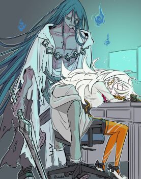 ahoge azrael_(sword)_(fate) black_eyes blue_hair bow breasts chain chair commentary_request dark-skinned_male dark_skin earrings fate/grand_order fate_(series) hair_bow holding holding_sword holding_weapon jewelry large_breasts long_hair muscular muscular_male office_chair olga_marie_animusphere olga_marie_animusphere_(unbeast) screen sleeping sleeping_on_desk smile swivel_chair sword uhana very_long_hair weapon white_hair will-o'-the-wisp_(mythology)