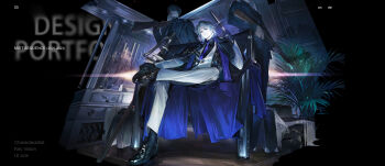 3boys black_hair black_suit black_vest blue_necktie character_request fern formal_clothes gun gun_rack handgun highres holding holding_gun holding_weapon looking_at_viewer mist_sequence multiple_boys necktie rifle sitting solo_focus suit vest weapon white_hair white_suit yi_yuansu_san_gong