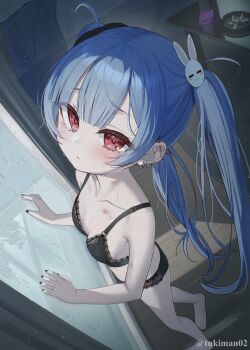 1girl ashtray bare_arms bare_legs bare_shoulders barefoot black_bow black_bra black_nails black_panties blue_hair blush bow bra breasts cigarette_butt commentary_request hair_bow hair_ornament hickey highres indoors kanae_(tsukiman) lace lace-trimmed_bra lace-trimmed_panties lace_trim loli long_hair looking_at_viewer nail_polish original panties parted_lips rabbit_hair_ornament rain red_eyes small_breasts solo standing table tsukiman twintails twitter_username underwear underwear_only very_long_hair window