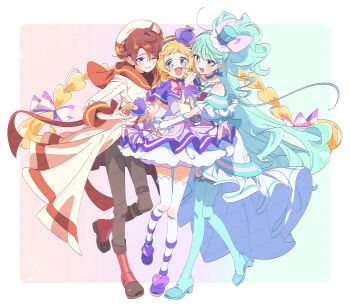 1boy 2girls aqua_background aqua_bow aqua_hair aqua_sleeves aqua_thighhighs arms_around_waist back_bow bare_shoulders belt belt_buckle beret black_belt black_pants black_shirt blonde_hair blue_bow blue_choker blue_eyes blue_hairband blue_hat blue_shoes blunt_bangs boots border bow bow_choker bow_earrings bow_legwear bowtie braid bright_pupils brooch brown_eyes brown_hair buckle capelet choker clothing_cutout collared_capelet commentary cure_friendy cure_lillian deerstalker dot_nose dress dress_bow earrings fingernails floating_clothes floating_hair frilled_arm_warmers frilled_dress frilled_headwear frilled_sleeves frilled_wrist_cuffs frills full_body gradient_background grey_pants grin group_hug hairband hand_up happy hat hat_bow hat_ornament heart heart_brooch heart_hat_ornament high_collar high_heels highres hug inukai_iroha jewelry layered_sleeves leg_belt leg_ribbon light_blush light_particles long_dress long_hair long_sleeves looking_at_viewer low_twin_braids magical_boy magical_girl messy_hair mini_hat mini_top_hat multiple_girls nekoyashiki_mayu offering_hand_to_another one_eye_closed one_side_up open_mouth orange_background orange_sailor_collar outside_border outstretched_hand pants petticoat pink_bow pink_bowtie pleated_dress precure pumps purple_background purple_bow purple_capelet purple_dress purple_eyes purple_hairband purple_hat purple_ribbon purple_shoes purple_wrist_cuffs red_boots ribbon robe sailor_collar serizawa_serizane shirt shoes short_dress short_hair short_sleeves shoulder_cutout single_stripe smile sphere_earrings standing striped_bow striped_bowtie striped_clothes striped_sleeves symbol-only_commentary taking_another&#039;s_hand tareme thighhighs top_hat toyama_satoru tsurime turtleneck turtleneck_shirt twin_braids very_long_hair wavy_hair white_arm_warmers white_border white_bow white_bowtie white_dress white_hat white_pupils white_robe white_thighhighs wonderful_precure! wrist_cuffs