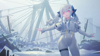 Rule 34 | 1girl, absurdres, blue bow, bow, building, chernobyl, closed mouth, cloud, cloudy sky, commentary request, cowboy shot, ferris wheel, gloves, glowing, glowing eyes, hair between eyes, hair bow, hair ornament, hair ribbon, hairclip, hammer and sickle, highres, jacket, leggings, linkai nuofu, long hair, long sleeves, looking at viewer, lucca project, multicolored hair, original, outdoors, outstretched arms, pink eyes, power lines, ribbon, ruins, sasha krik, sidelocks, skin tight, sky, snow, solo, standing, thigh strap, twintails, utility pole, white hair, white jacket, white leggings