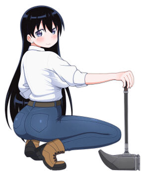 1girl absurdres arato_nagi ass ass_focus back belt black_hair blue_eyes blush boots breasts brown_belt brown_boots closed_mouth collared_shirt denim dokadayo ear_piercing earrings eyebrows_hidden_by_hair full_body grey_pants hair_between_eyes hammer high-waist_pants highres holding holding_hammer holding_pickaxe jeans jewelry large_breasts long_hair looking_at_viewer pants pickaxe piercing ruri_no_houseki shirt sleeves_rolled_up smile solo squatting stud_earrings thighs tiptoes very_long_hair white_background white_shirt