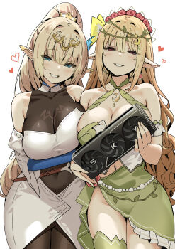 2girls bare_shoulders blue_eyes breasts cleavage commentary_request covered_navel cowboy_shot dress ear_ornament elf fingernails graphics_card green_dress hair_ornament half-closed_eyes heart highres holding indie_virtual_youtuber large_breasts liv_gawea looking_at_viewer multiple_girls navel pointy_ears red_eyes second-party_source seductive_smile see-through_clothes see-through_cleavage side_slit simple_background sky-freedom smile sodaart sofia_(vtuber) tiara virtual_youtuber white_background white_dress