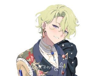 1boy blue_gem bright_me_up!!_(ensemble_stars!) clenched_teeth commentary curtained_hair earrings ensemble_stars! eyes_visible_through_hair gem green_gem green_hair hair_between_eyes jewelry lapels male_focus official_alternate_costume peaked_lapels purple_eyes red_gem short_hair simple_background smile solo symbol-only_commentary teeth tomoe_hiyori twitter_username upper_body white_background yzwn89