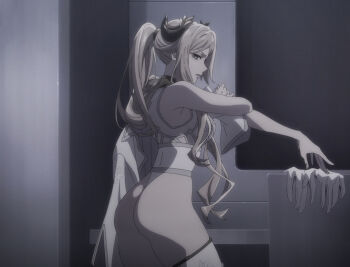 1girl anime_screenshot ass blonde_hair blue_eyes commander_(nier:automata) gloves hair_ornament highres huge_ass leotard long_hair looking_at_viewer nier:automata nier:automata_ver1.1a nier_(series) ponytail sidelocks stitched thick_thighs thighs third-party_edit thong_leotard underwear unworn_gloves