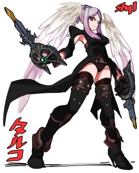 1girl armpits black_coat black_leotard black_thighhighs blue_eyes braid breasts coat frown full_body head_wings high_heels highres holding holding_weapon leotard medium_breasts nintendo sbql_(niaunclefan) sidelocks silver_hair simple_background solo tailcoat thighhighs tyrea_(xenoblade) weapon white_background wings xenoblade_chronicles_(series) xenoblade_chronicles_1