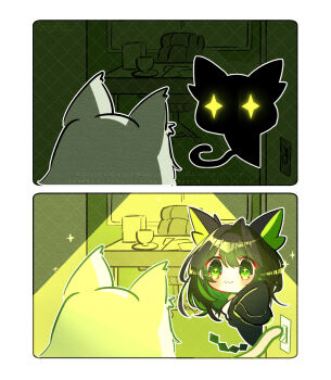 +_+ 2girls :3 animal_ears arknights black_jacket blush cat_ears cat_girl cat_tail chair chibi colored_inner_hair commentary_request cup desk dot_nose from_behind green_eyes green_hair green_theme hair_intakes highres indoors jacket kal&#039;tsit_(arknights) light_switch looking_at_viewer mon3tr_(arknights) multicolored_hair multiple_girls off_shoulder oonohara_kenya sleeves_past_fingers sleeves_past_wrists tail