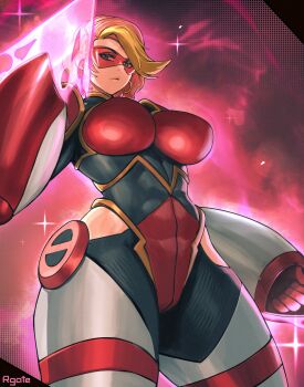 1girl absurdres arm_blade armor aura black_leotard blonde_hair blue_eyes breasts character_request clenched_hand commentary commission copyright_request cowboy_shot energy_blade english_commentary gauntlets highres large_breasts leotard long_hair pink_background red-tinted_eyewear red_armor red_leotard rgate short_hair solo tinted_eyewear weapon
