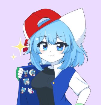 Rule 34 | :3, animal ears, ash ketchum (cosplay), backwards hat, badge, black shirt, blue eyes, blue hair, blush, breasts, cosplay, fingerless gloves, gloves, hat, highres, indie virtual youtuber, jacket, looking at viewer, medium breasts, purple background, raised eyebrow, shirt, short hair, sparkle print, tail, wolf ears, wolf girl, wolf tail, wolfychu, wolfychu (artist)