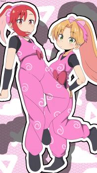 2girls :o alternate_costume bambi2000line black_shirt blonde_hair blush commentary_request full_body green_eyes highres long_hair long_sleeves looking_at_viewer multiple_girls red_hair ruri_no_houseki seto_shouko shirt standing tanigawa_ruri