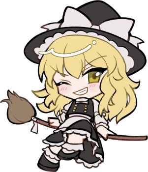 1girl apron black_hat black_shoes black_skirt black_vest blonde_hair blush bow broom broom_riding buttons chibi chibi_only double-breasted frilled_apron frilled_skirt frills full_body grin hat hat_bow kirisame_marisa long_hair looking_at_viewer mirei_(miirei) one_eye_closed shirt shoes short_sleeves simple_background sitting skirt skirt_set smile socks solo touhou transparent_background v-shaped_eyebrows vest waist_apron white_apron white_bow white_shirt white_socks witch_hat yellow_eyes