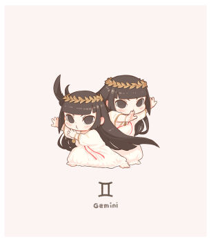 Rule 34 | 2girls, :<, barefoot, black eyes, black hair, brown background, chibi, closed mouth, dress, gemini (symbol), gemini (zodiac), highres, kozato (yu kozato), laurel crown, long hair, long sleeves, medallion, multiple girls, original, siblings, simple background, sisters, standing, twins, very long hair, white dress, zodiac