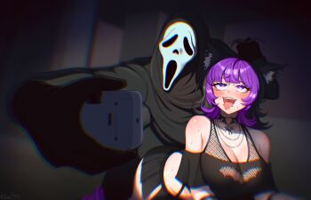 1boy 1girl ahegao animal_ears black_hair blush breasts camera cat_ears choker fishnets ghostface grabbing_another&#039;s_hair highres holding_another&#039;s_hair jewelry large_breasts mask multicolored_hair necklace phone piercing purple_eyes purple_hair rina_megakuma scream_(movie) short_hair skirt straight_bangs tongue tongue_out