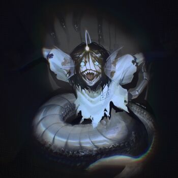 1boy anglerfish_boy black_hair blue_eyes catnip_cataria chromatic_aberration coiled empty_eyes extra_arms fins full_body glowing head_fins highres looking_at_viewer male_focus messy_hair open_mouth pressure_(roblox) prosthesis prosthetic_arm screaming sebastian_solace sharp_teeth shirt short_hair solo spotlight tail teeth torn_clothes torn_shirt white_shirt