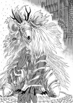 1girl 913kousatu absurdres animal_ears blindfold bloodborne claws commentary_request full_body furry furry_female greyscale highres monochrome solo squatting vicar_amelia wolf_ears wolf_girl