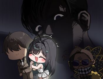 1girl 2boys ahoge angry arm_hug black_hair blush brown_hair brown_pants brown_shirt checkered_clothes chibi closed_eyes closed_mouth commander_(nikke) commentary dress english_commentary from_behind goddess_of_victory:_nikke highres long_hair mint_(nikke) mole mole_under_eye multiple_boys mustang_(nikke) necktie open_mouth pants sagle shaded_face shirt short_hair smile sunglasses sweatdrop walking white_dress white_necktie