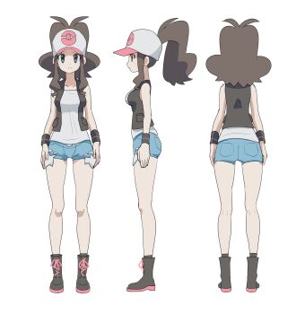 1girl asamaru1225 ass bare_shoulders baseball_cap black_vest blue_eyes blue_shorts blush breasts brown_hair cutoffs denim denim_shorts exposed_pocket full_body hand_on_headwear hat high_ponytail hilda_(pokemon) long_hair looking_at_viewer medium_breasts midriff_peek multiple_views nintendo open_clothes open_vest poke_ball_print pokemon pokemon_black_and_white ponytail reference_sheet shirt short_shorts shorts sidelocks simple_background sleeveless solo turnaround vest white_background white_shirt wristband