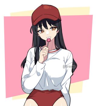 1girl absurdres baseball_cap black_hair bloomers border breasts brown_eyes candy food hair_between_eyes hat highres higurashi_kagome holding holding_candy holding_food holding_lollipop inuyasha lollipop long_hair long_sleeves medium_breasts parted_lips pink_background red_bloomers red_hat shirt smile solo teeth tiroma twitter_username underwear upper_body white_border white_shirt