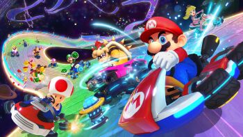 Rule 34 | 3girls, 6+boys, blonde hair, blue eyes, bowser, brown hair, crown, donkey kong, donkey kong (series), facial hair, gloves, grin, hat, highres, kart, koopa shell, looking at viewer, luigi, mario, mario (series), mario kart, mario kart 8, mario kart 8 deluxe, multiple boys, multiple girls, mustache, nintendo, official art, overalls, princess peach, racing, rainbow road, red hair, rosalina, smile, space, toad (mario), toadette, waluigi, wario, wheel, yoshi